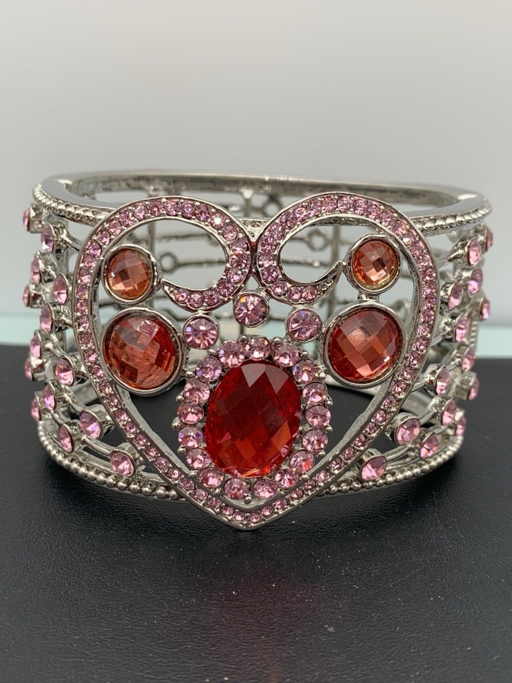 Women’s Pink and Red Heart Crystal Cuff Bracelet